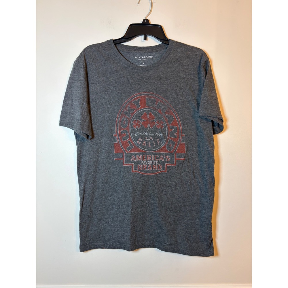 Lucky Brand Graphic Tee Mens Size Medium Charcoal Grey Clover Vintage Inspired